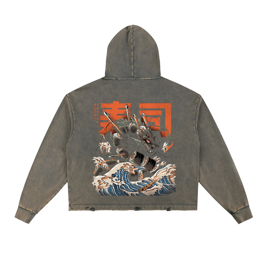 Vintage Washed Frayed-Hem Hoodie